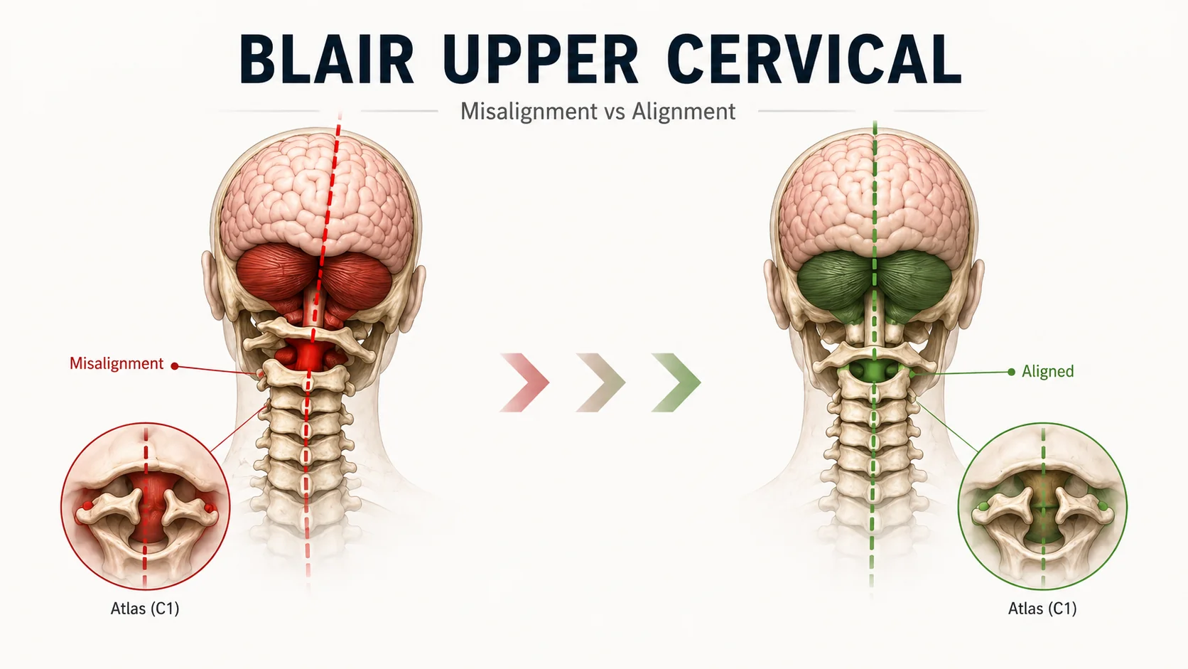 Blair Upper Cervical: atlas (C1) misalignment vs proper alignment, illustrated with cerebellum and brainstem context