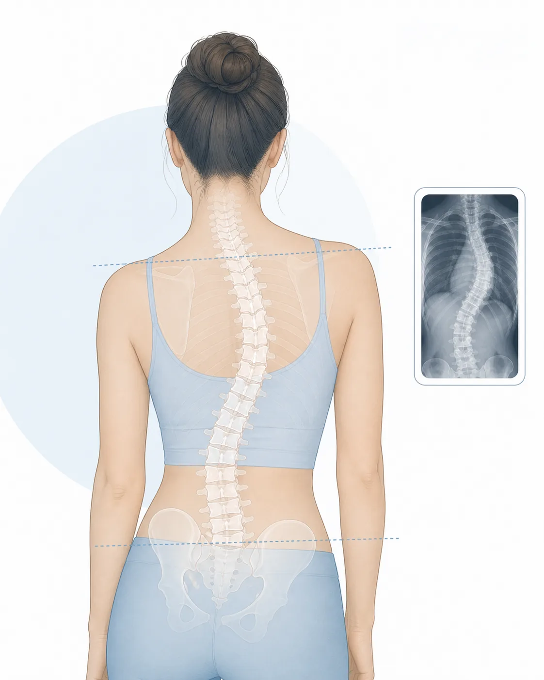 Anatomical illustration of a scoliotic spine showing curve, shoulder asymmetry, and pelvic tilt with a small inset standing X-ray