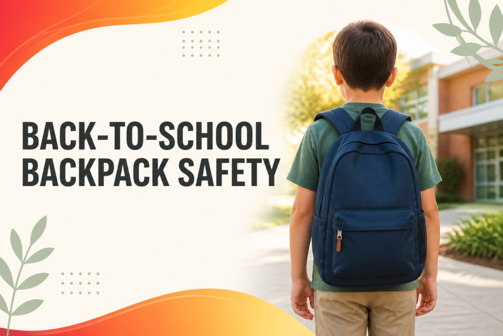 School-age child wearing both backpack straps with the backpack positioned close to the body