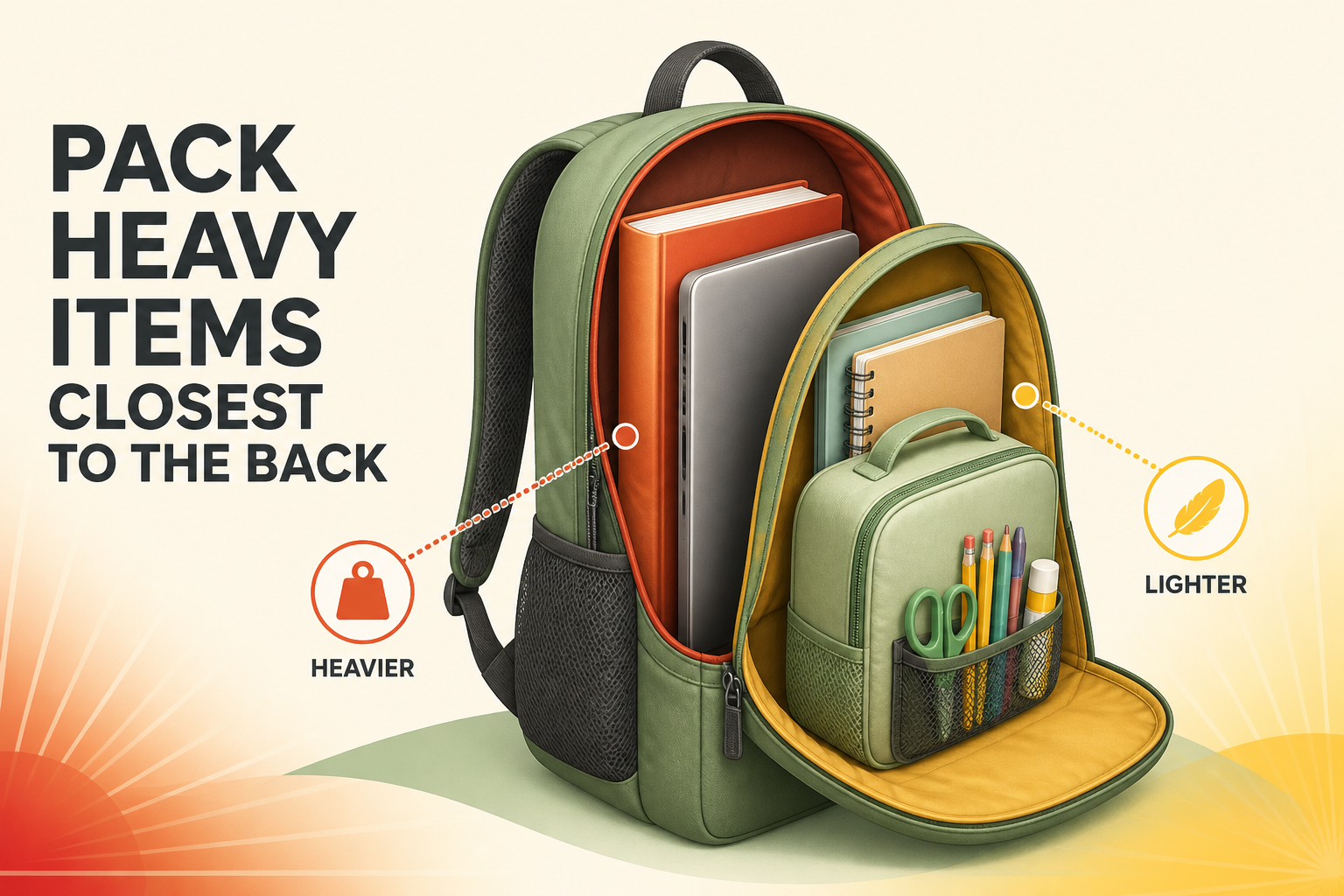 Backpack packing guide showing heavier books and a laptop closest to the back and lighter supplies outside