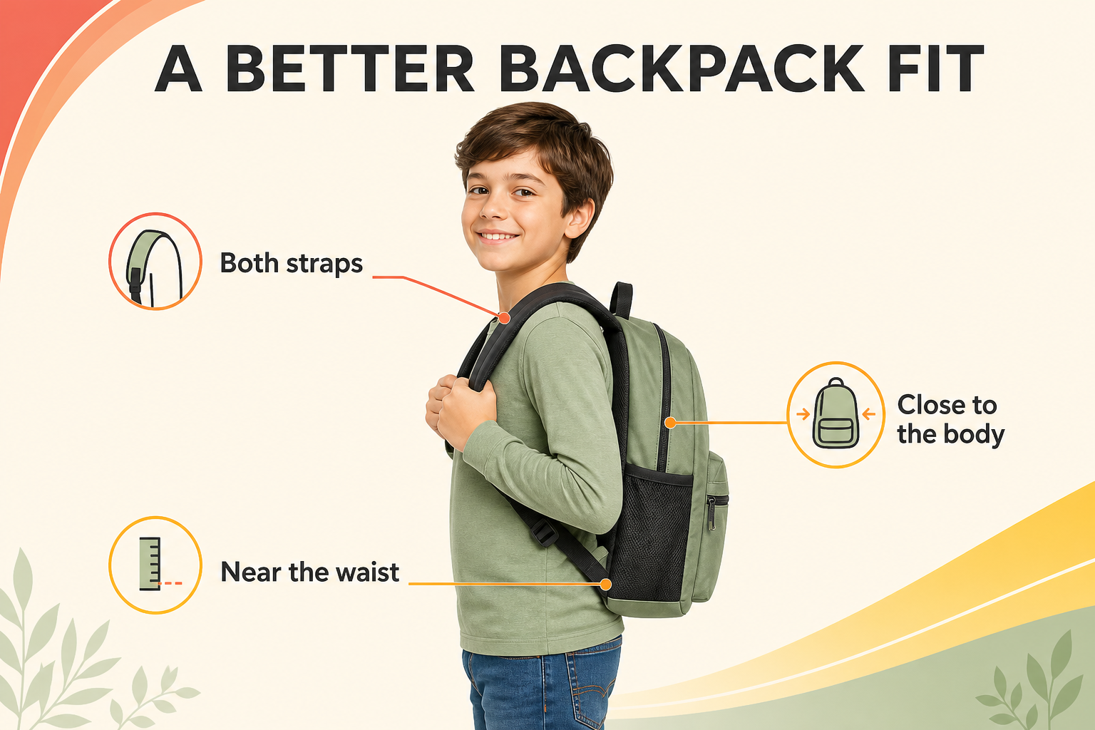 Backpack fitting guide showing both straps, a close fit, and the backpack resting near the waist