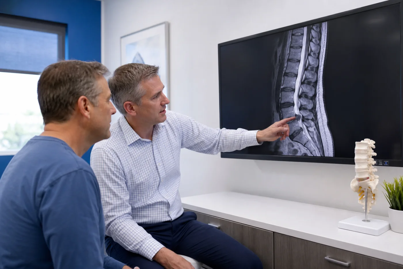 Clinician and patient reviewing a lumbar MRI during a spine-care consultation in Gallatin, Tennessee