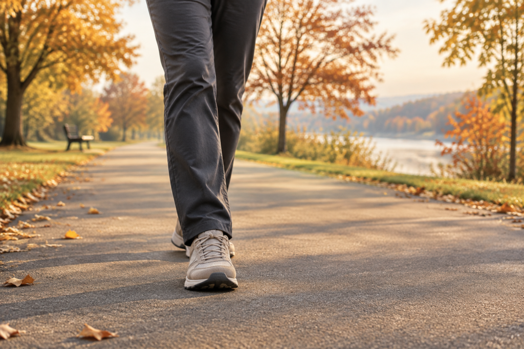 Editorial image of a walker in cushioned shoes on a paved path in autumn.