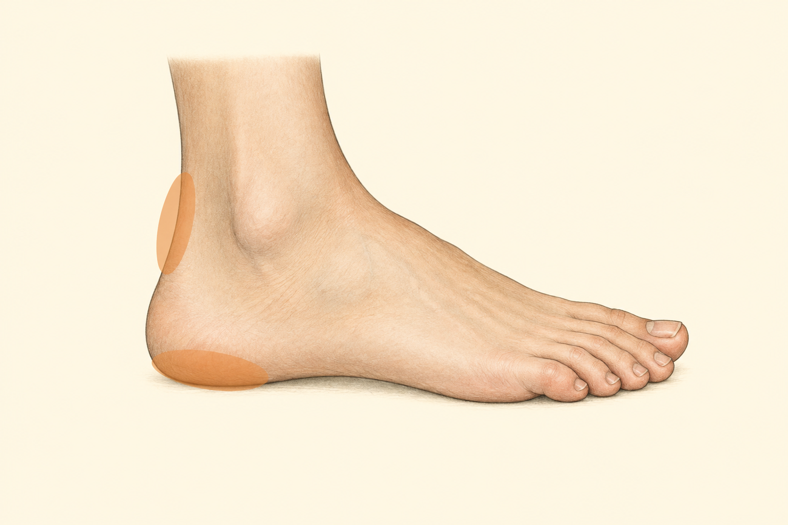 Educational foot illustration showing the underside of the heel and the back of the heel as different symptom locations.