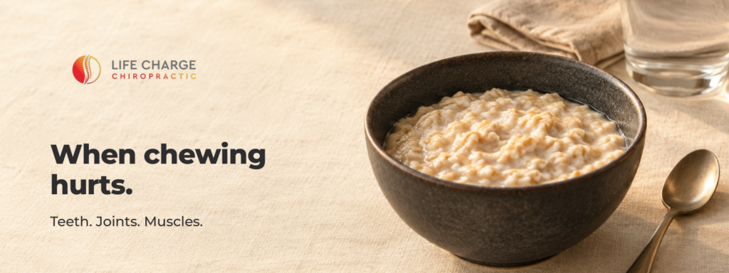 Life Charge editorial image of soft oatmeal with the message: When chewing hurts. Teeth. Joints. Muscles.