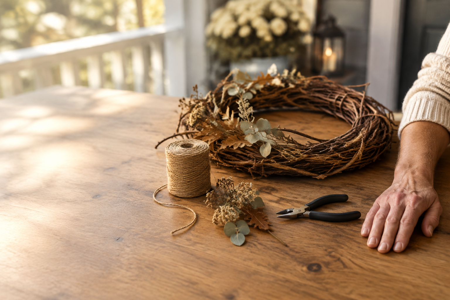 An adult rests a hand beside craft pliers, twine, and an autumn wreath during a paused decorating project.