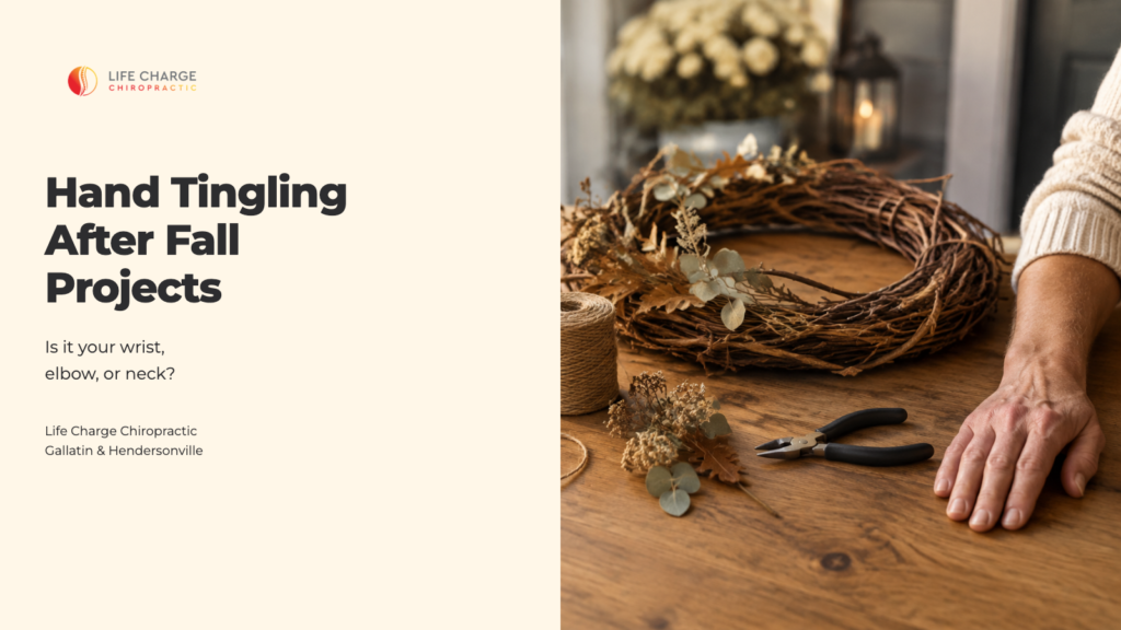 Life Charge article cover: Hand Tingling After Fall Projects, beside an adult resting a hand near craft tools and an autumn wreath.