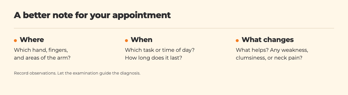 Three details to record: where the tingling occurs, when it happens, and what changes it. A symptom note supports an examination; it is not a diagnosis.