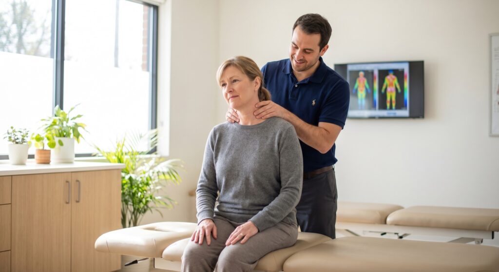 Gallatin TN chiropractor examining car accident patient for whiplash at Life Charge Chiropractic