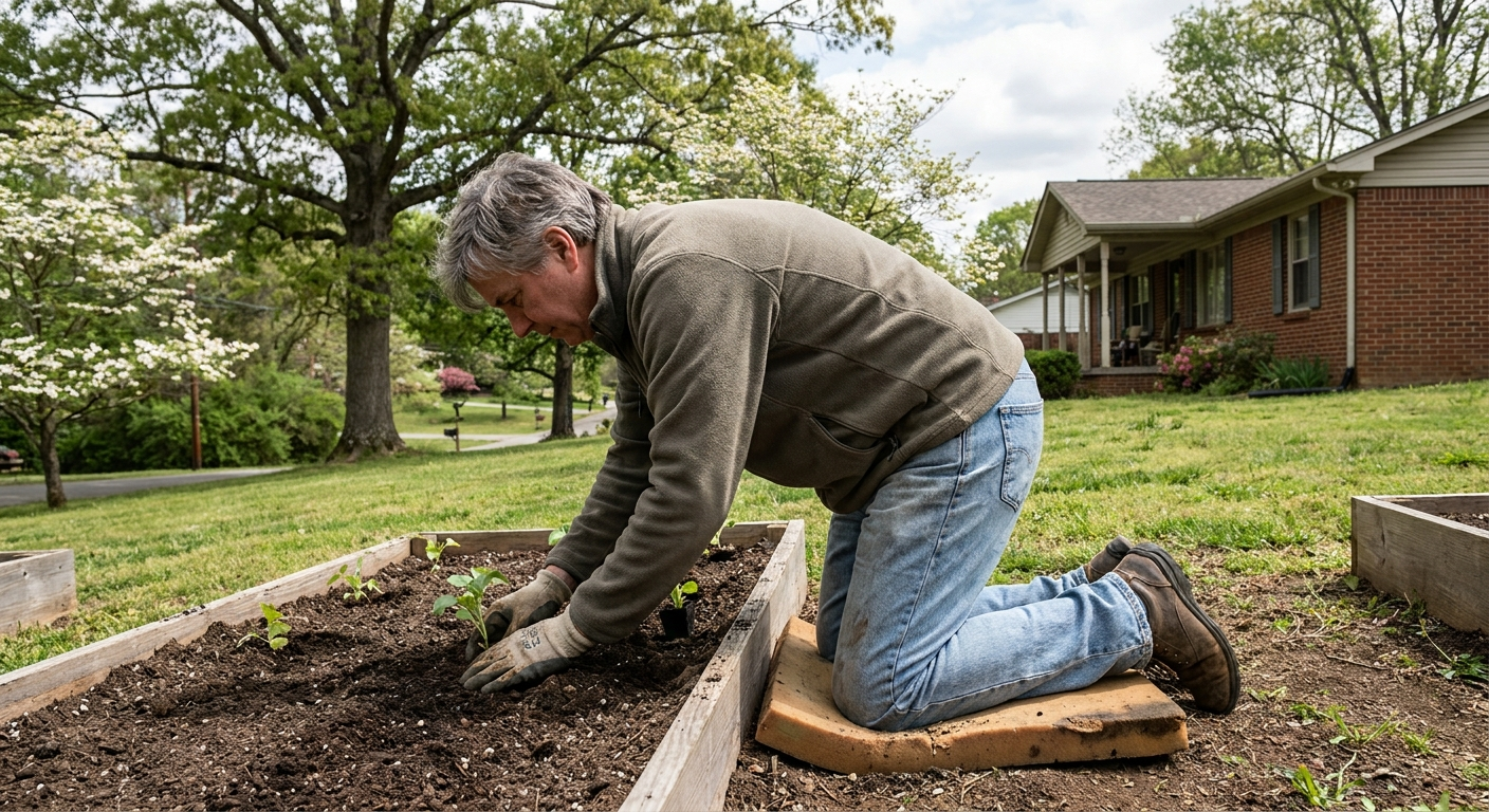 Middle Tennessee resident gardening with good posture in spring